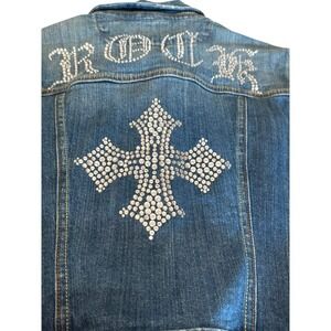 Miss Me Cameron Denim Jacket Rhinestone Cross Rock Blue Jean Jacket Large Y2K